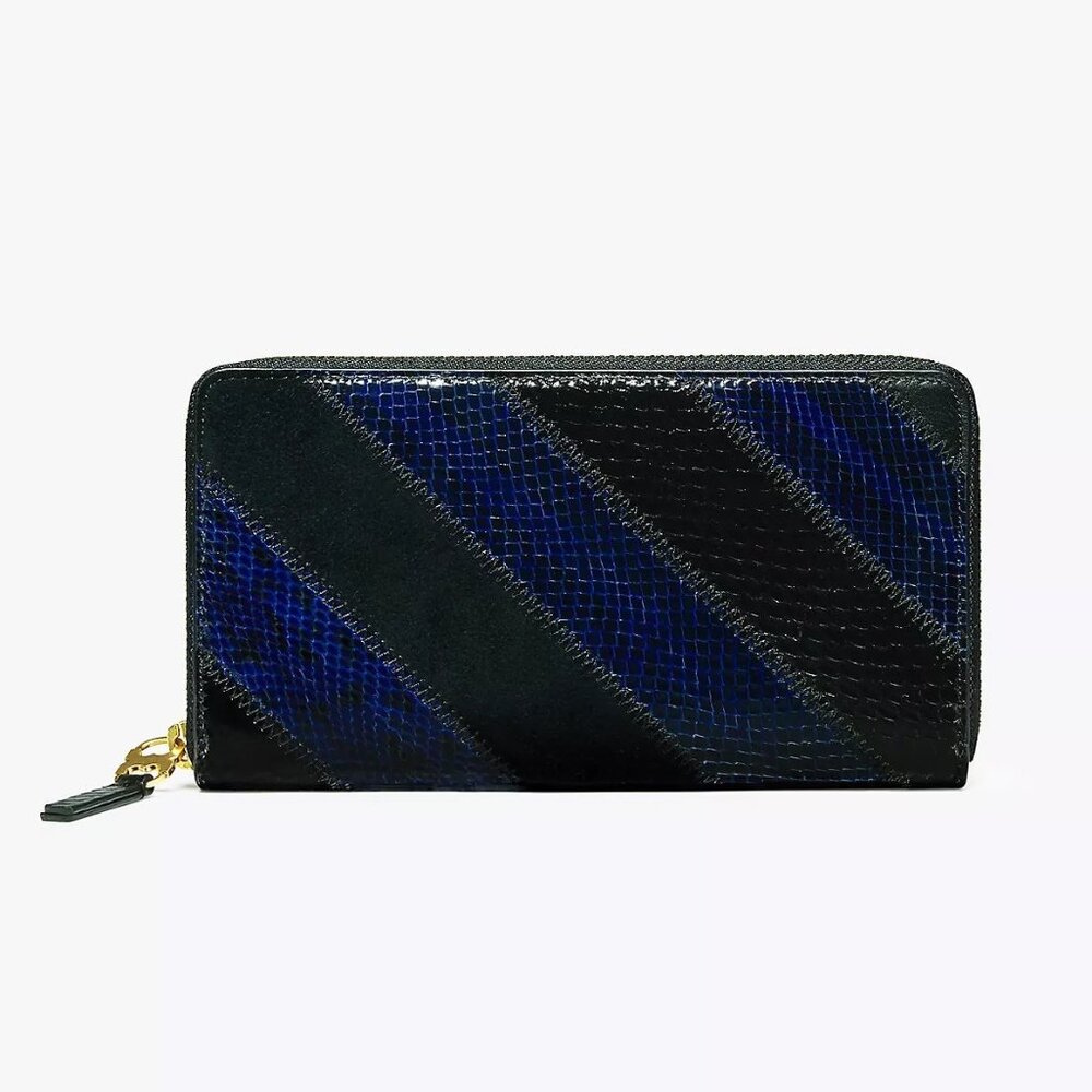 LIKE NEW Tory Burch Gemini Link Black/Blue Snakeskin Full Zip Continental Wallet